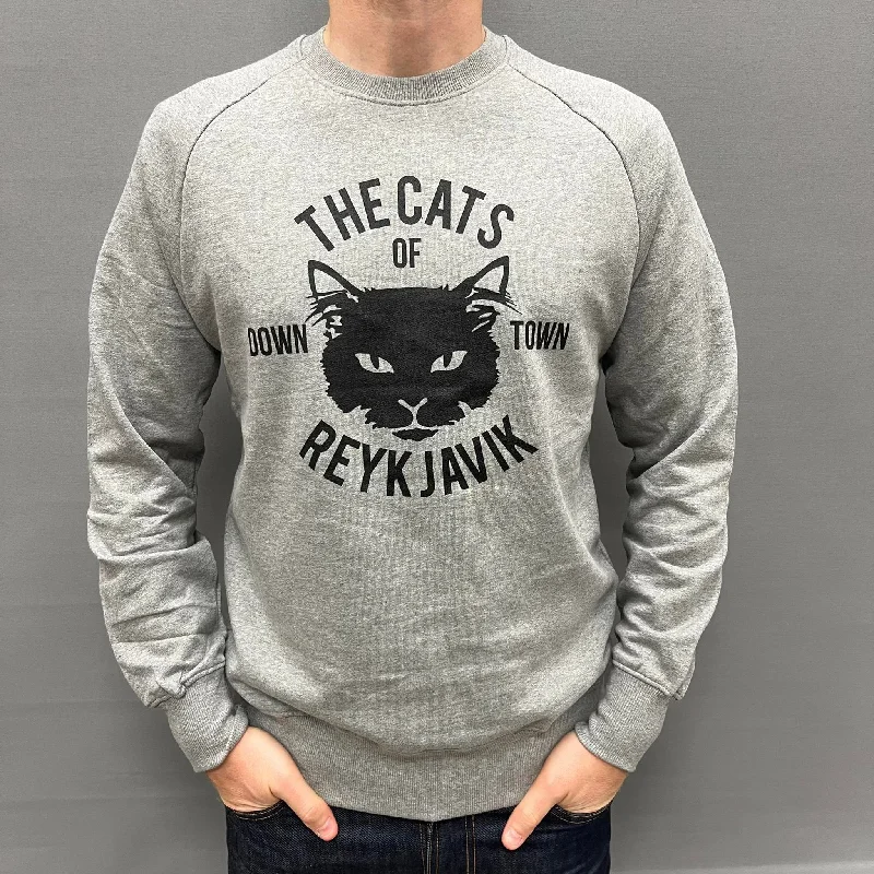 Unisex  Sweatshirt - The Cats of Reykjavik - Grey Hoodie with Back Slit Movement Comfort