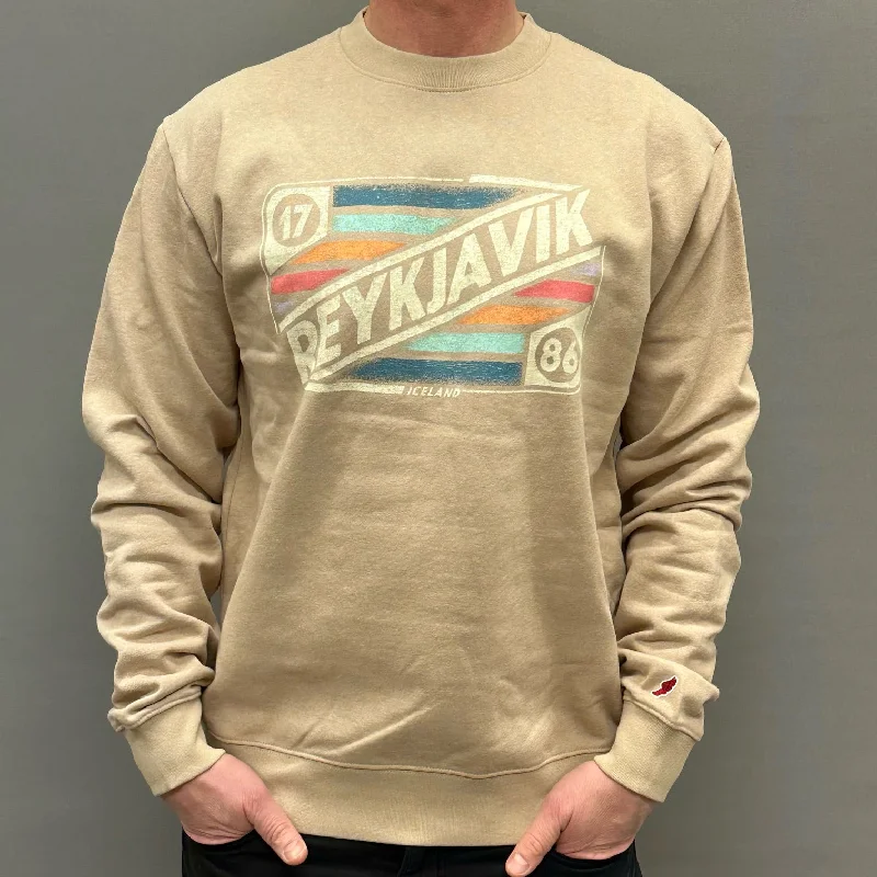 Unisex Sweatshirt- Reykjavik Mix Tape - Beige Hoodie with Patch Decorative Personalized