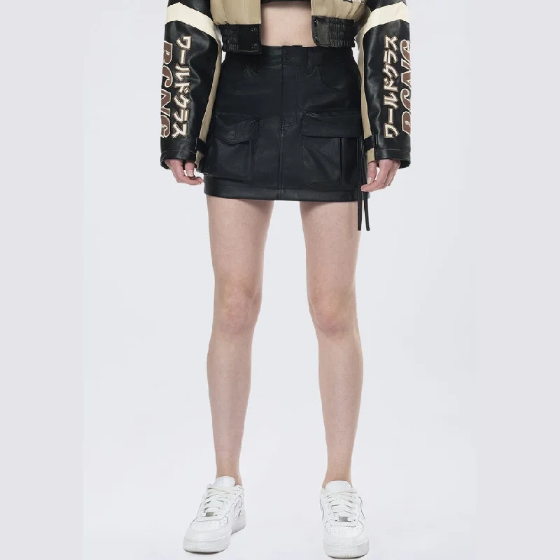 Utility Vegan Leather Mini Skirt - Black ruffled skirt detail