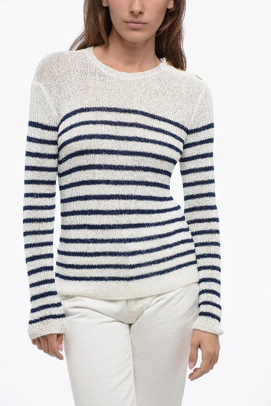 Valentino Crew Neck Sequined Fabric Sweater with Awning Motif Mesh Blend Leather Blend Suede Blend