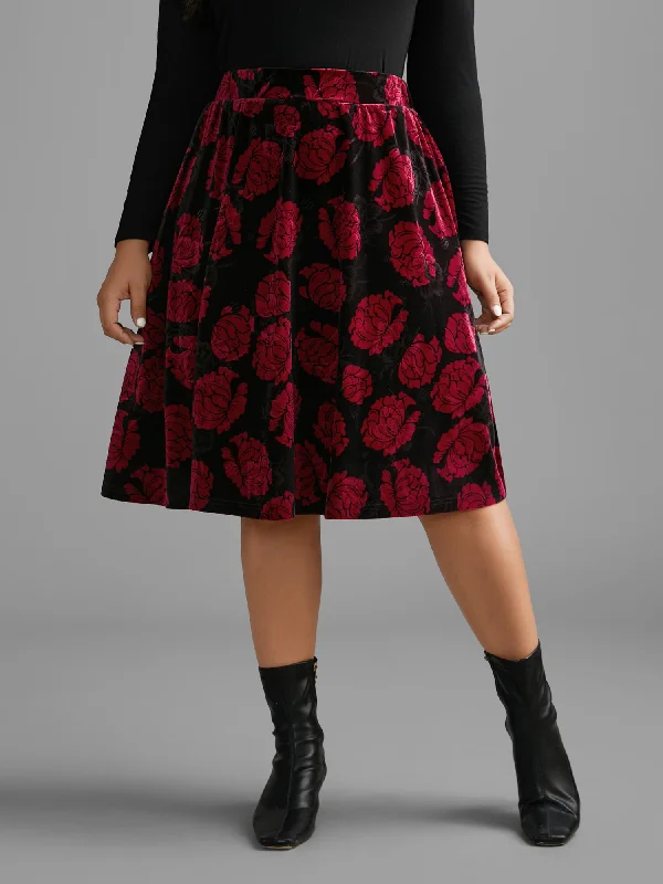 Velvet Floral Elastic Waist Skirt summer skirt style