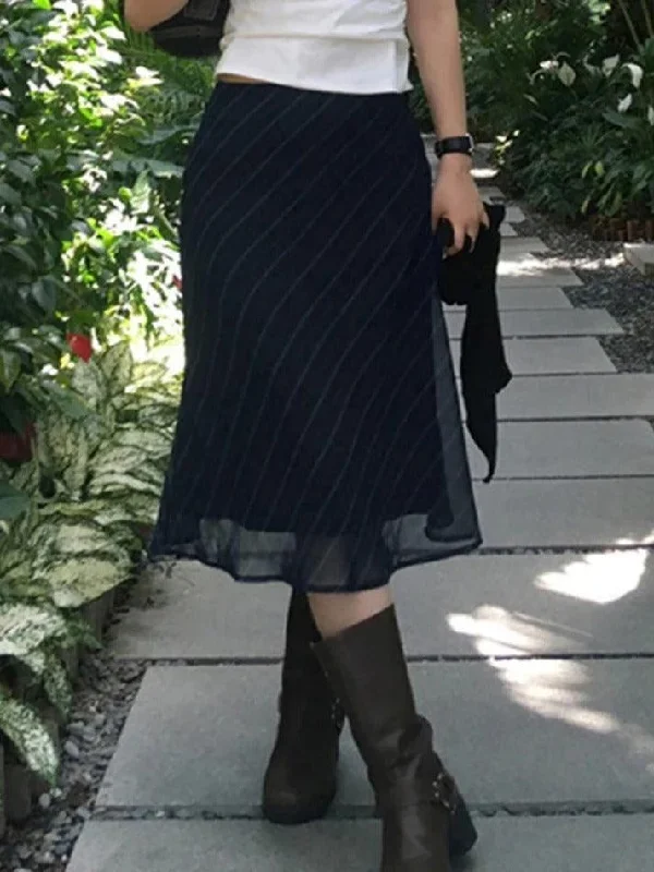 Vintage Stripe Double Layered Mesh Midi Skirt linen skirt natural