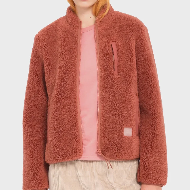 Volcom Womens Wuzer Fuzzar Sherpa Sweatshirt - Chestnut Brown Hoodie with Hem Patch Decorative Personalized