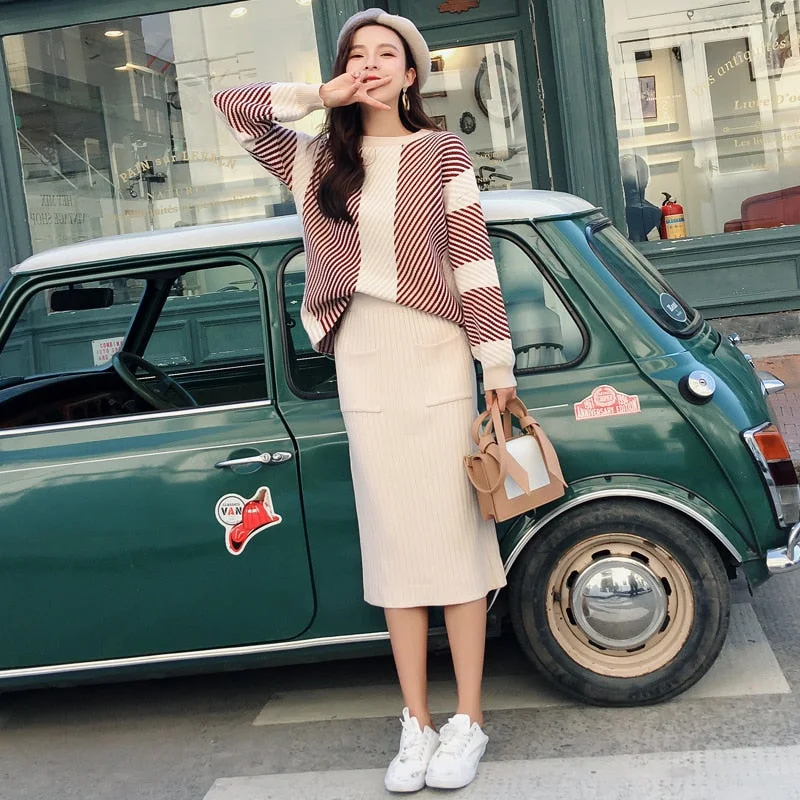 Winter Knitted 2 Piece Set Women Thick Striped Loose Sweater + Pencil Pocket Skirts Suit Female button skirt front
