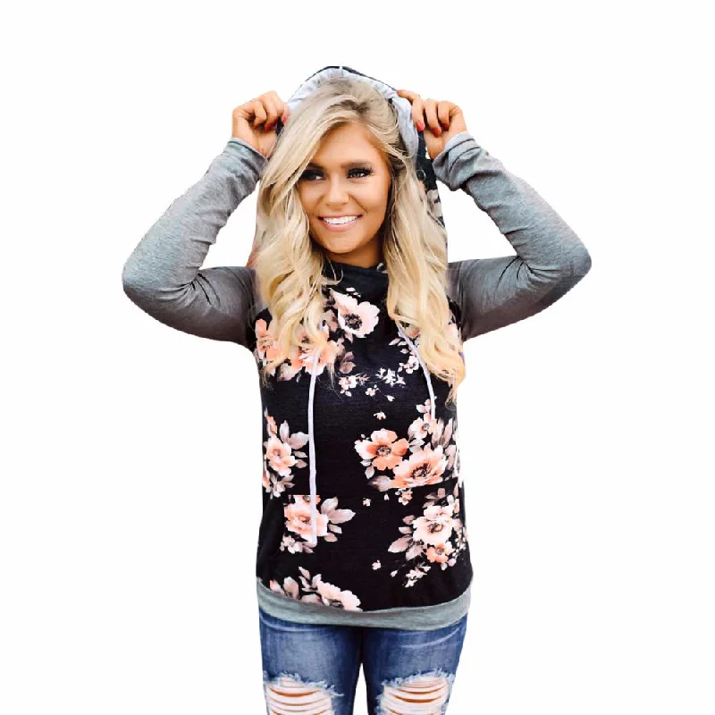 Womens Autumn Winter Floral Loose Hoodie Sweatshirt Pullover Tops Blouse Hoodie with Elastic Cuffs Stretchable Comfortable