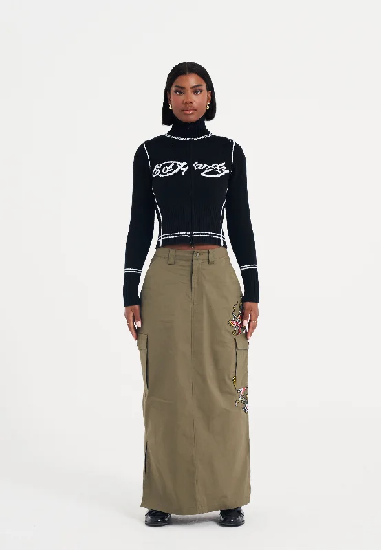 Womens Dragon Flame Long Cargo Skirt - Green high slit skirt
