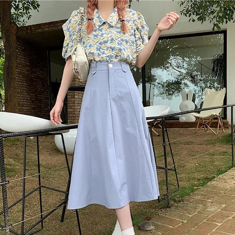 Women's Long Skirts Elastic High Waist Casual Skirt Girl's Spring Summer Solid Color A-line Skirts All-match Pleated Skirt leather skirt sleek