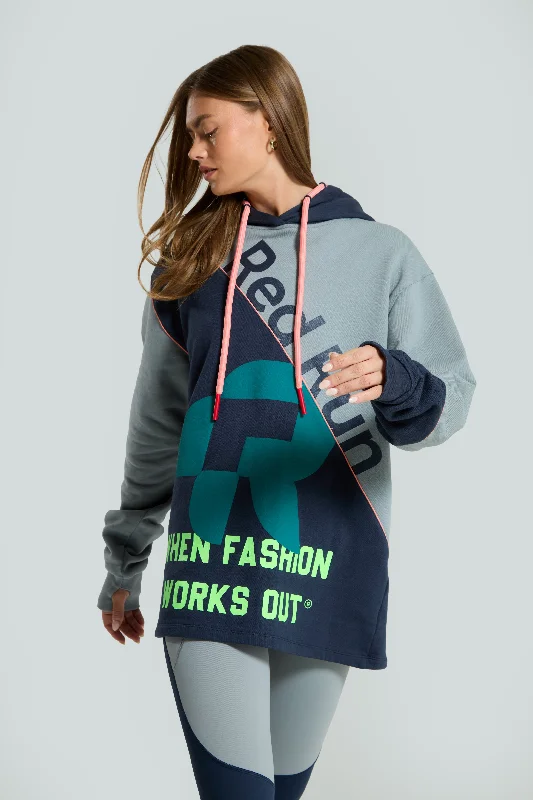 Women's Red Run Activewear Longline Hoodie In Blue Cotton Hoodie Fleece Lining Warmth