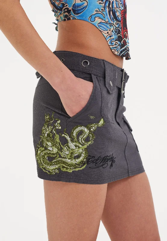 Womens Twisted Dragon Cargo Mini Skirt - Grey zip skirt side