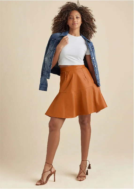 Faux Leather Trumpet Skirt  - Cognac pencil skirt chic
